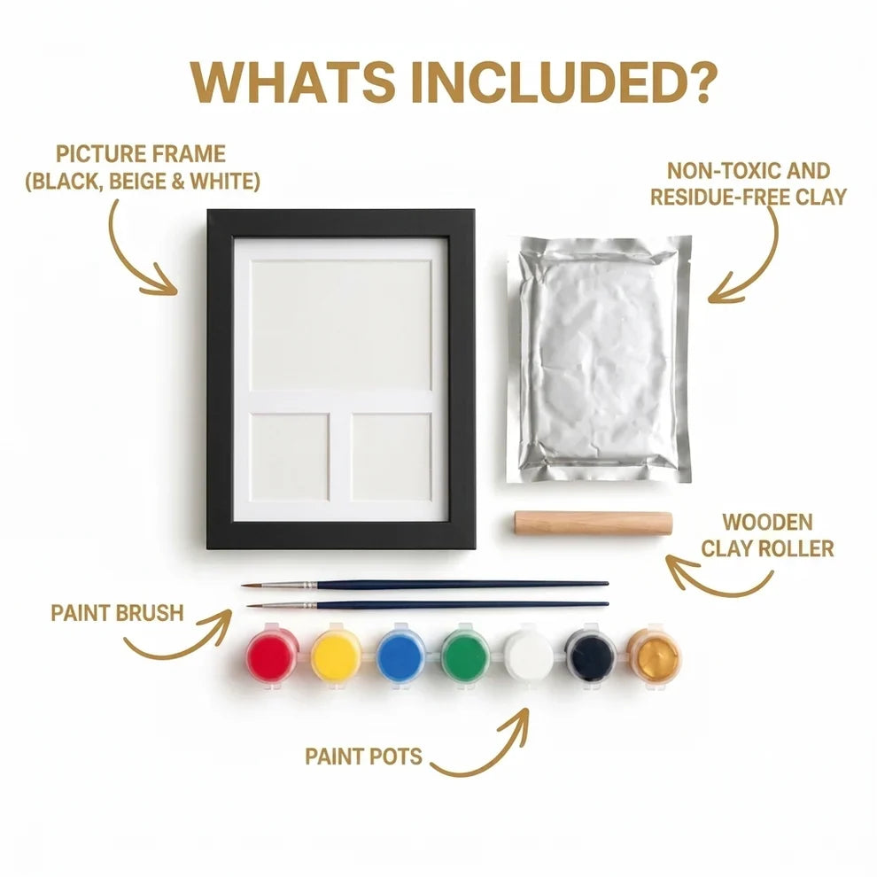 Nose-print kit with frame, clay, roller, brushes and paint pots