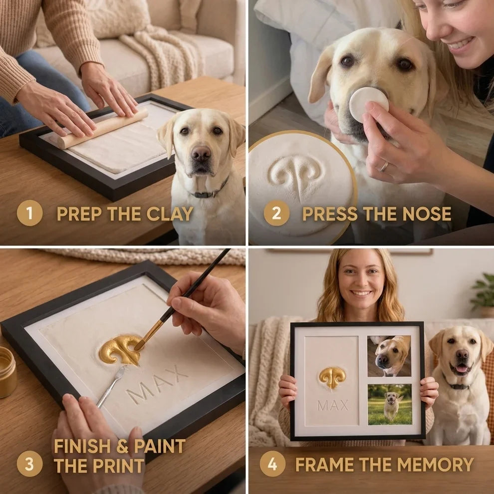 Four pictured stages of making a framed nose-print keepsake