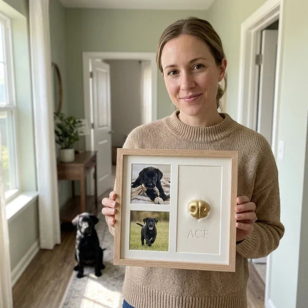 A pet owner holding a framed nose print beside her dog